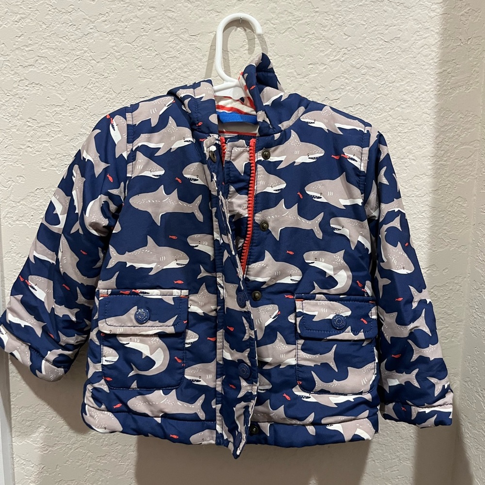 Baby Boden Shark Print Puffer Jacket - Navy and Gray